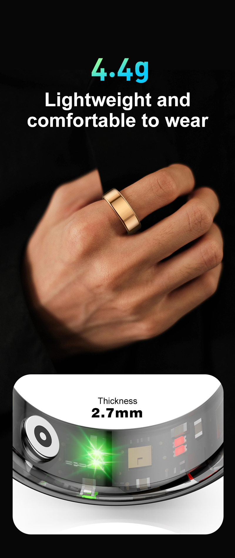 Bague Intelligente Tracker D'activité - NFC, Suivi Sommeil, Pas, Température Corporelle, étanche IP68, Autonomie 3-5 Jours